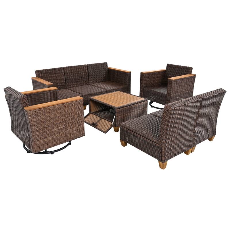 8-Piece Wicker Outdoor Patio Furniture Set with Thick Cushion, Rattan Patio Swivel Rocking Chairs Set of 2 with Acacia S