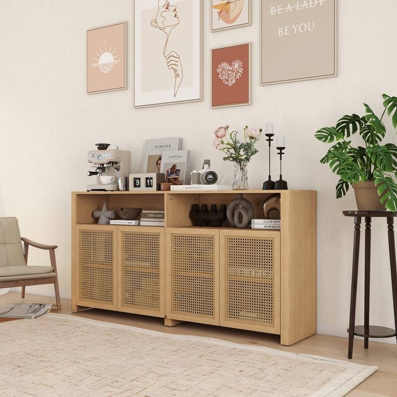 Mid Century Modern 63" Wide 4 - Cane Rattan Door Storage Sideboard with Open Shelf, Wine Bar Credenza for Living Room Entryway