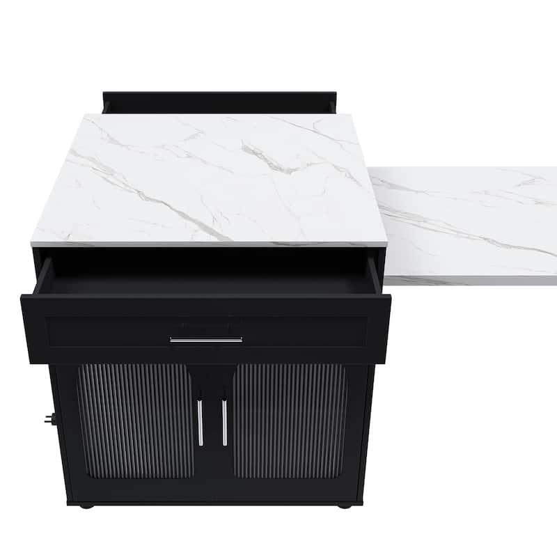 80" Expandable Kitchen Island with Dining Table with Marble-Grain Countertop with Power Outlet