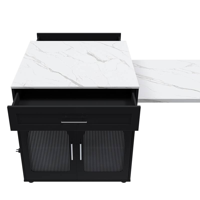 Expandable Kitchen Island with Dining Table, Wood Kitchen Table with Power Outlet, Mobile Storage Cart with 2 Drawers