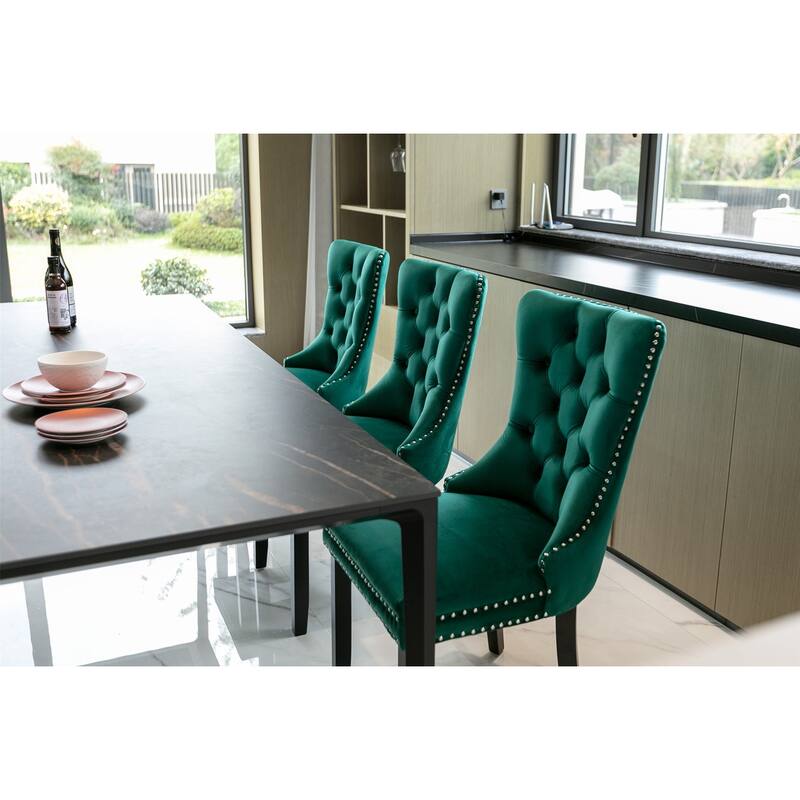 Set of 2 Velvet Upholstered Dining Chairs with Nailhead Trim and Wooden Legs