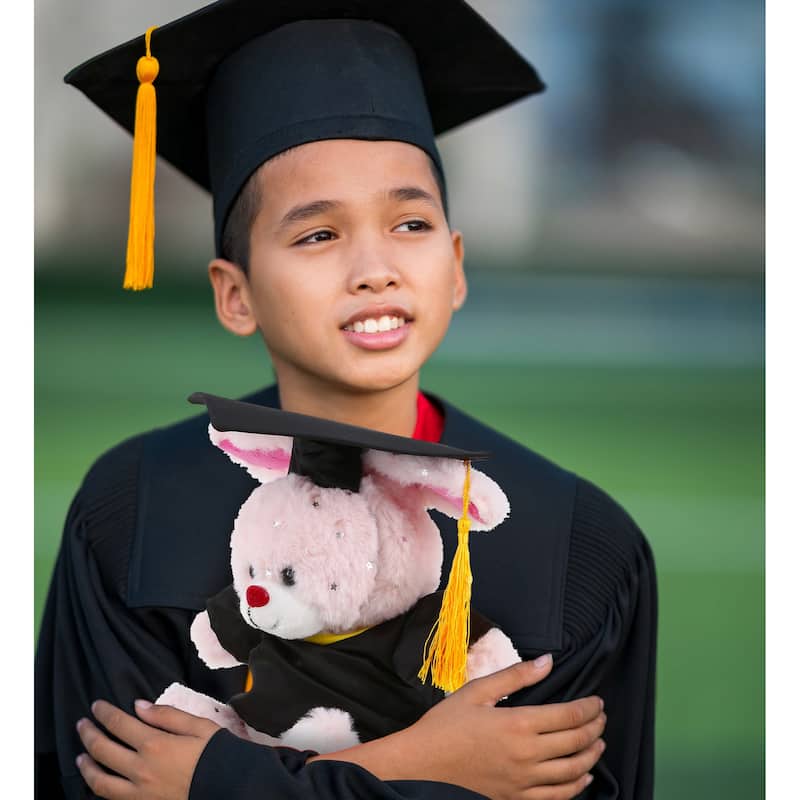 DolliBu Rose Gold Bunny Graduation Plush Toy with Gown and Cap - 8 inches