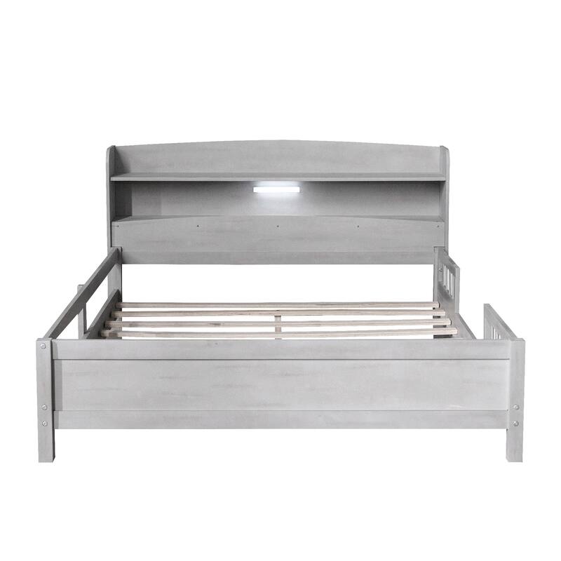 Multifunctional Wood Platform Bed, Twin/Full with LED Headboard Light & Storage