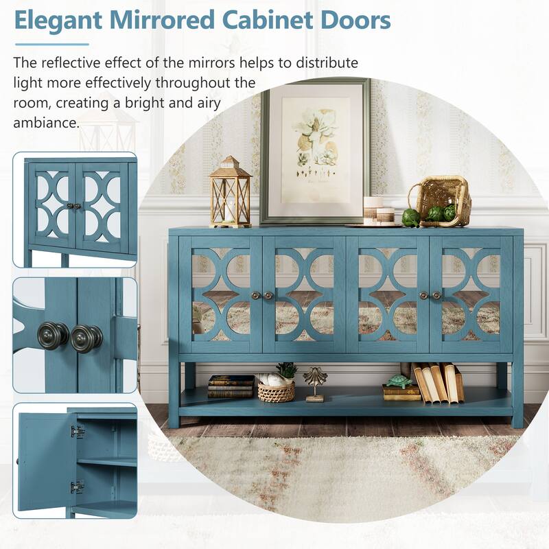 60" Retro Wooden Console Table Storage Cabinet with Mirrored Doors, Spacious Shelves and Acacia Wood Legs