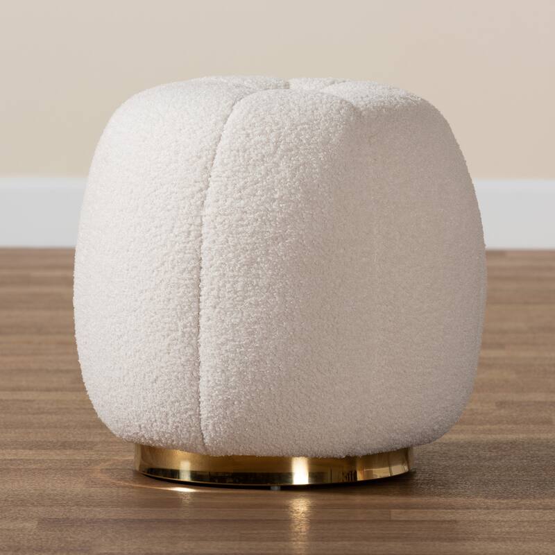 Raelynn Modern and Contemporary Ivory Boucle Upholstered and Gold Metal Ottoman