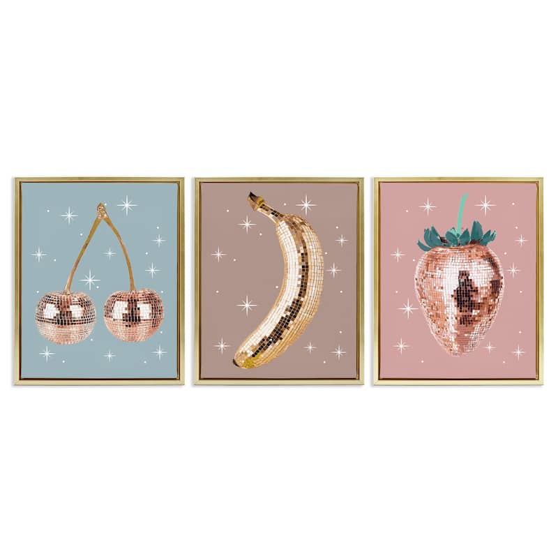 Stupell Glam Disco Fruits Framed Floater Canvas Wall Art Design By Lil' Rue (Set of 3) - 25 x 31 - Gold