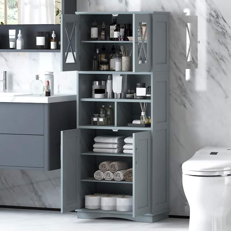 57" Tall Bathroom Cabinet Floor Storage Cabinet w/ Acrylic Doors