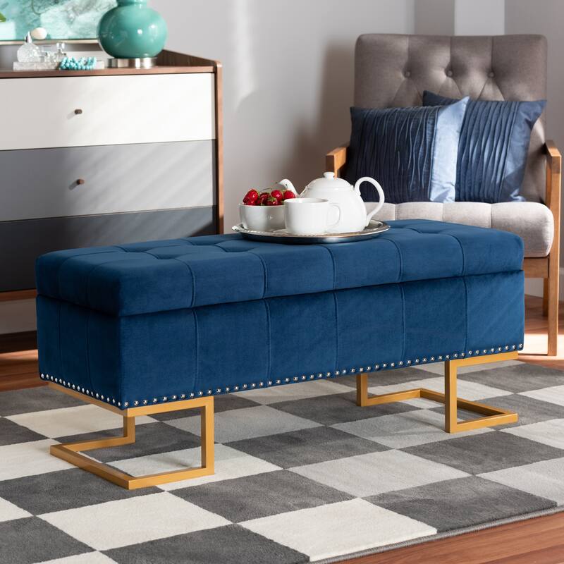 Ellery Luxe and Glam Velvet and Gold Finished Metal Storage Ottoman