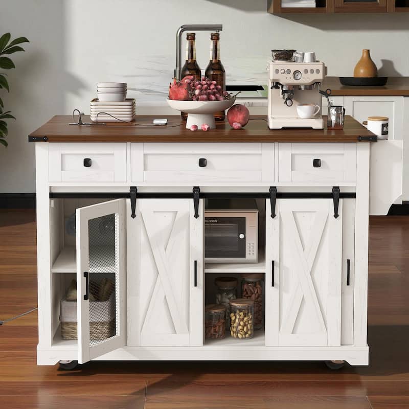 58" Farmhouse Kitchen Island with Drop Leaf, Sliding Barn Door, Power Outlet, and Rolling Storage Cabinets