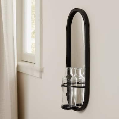 19" Black And Clear Glass Bottle Metal And Mirrored Glass Oval Wall Vase - 8.07