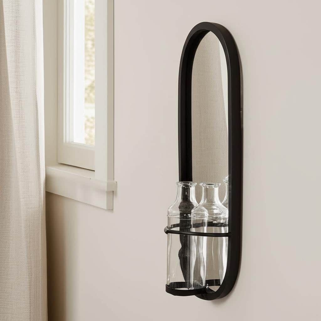 19" Black And Clear Glass Bottle Metal And Mirrored Glass Oval Wall Vase - 8.07