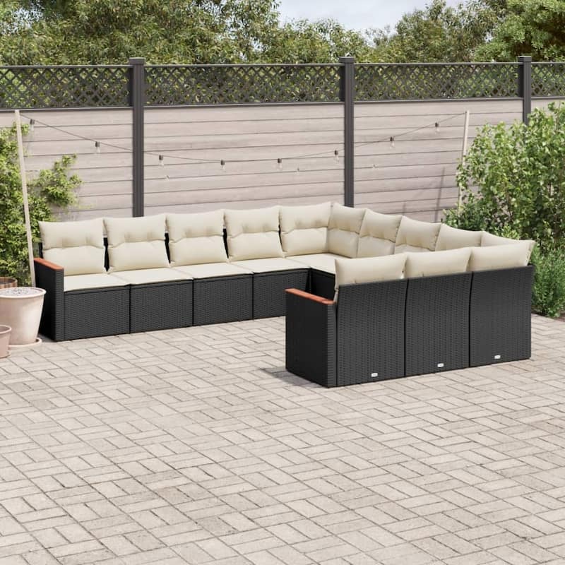 vidaXL Patio Sofa Set with Cushions Outdoor Conversation Furniture Poly Rattan - Black and cream without table - 24.4 x 24.4 x 27.2 in