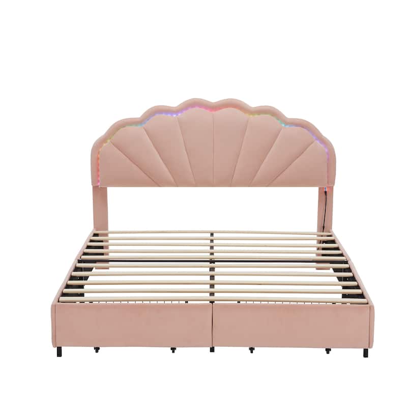 Full Size Upholstered Princess Bed, Smart LED Bed Frame with 2 Drawers, Velvet Fabric Platform Bed Frame with Petal Headboard