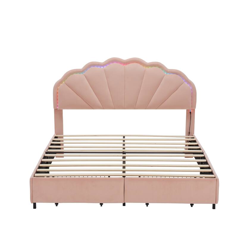 Upholstered Smart LED Bed Frame with Storage Drawers and Chic Double Petal Headboard - Pink