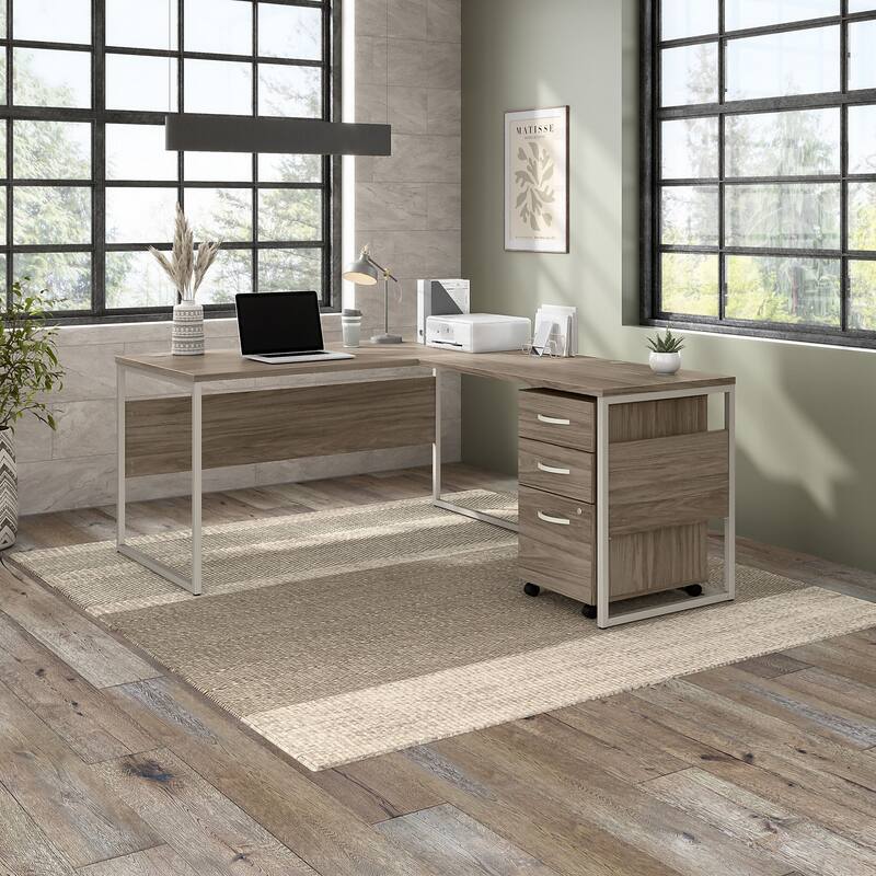 Hybrid 60W L Shaped Table Desk with Drawers by Bush Business Furniture - Modern Hickory