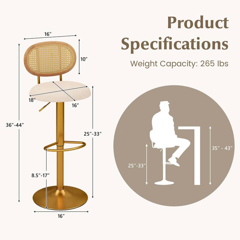 Set of 2 Height-adjustable Bar Stool Swivel Bar Chairs with Backrest