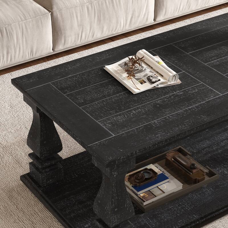 47" Black Farmhouse Coffee Table with Heavy Planked Top and Storage Shelf