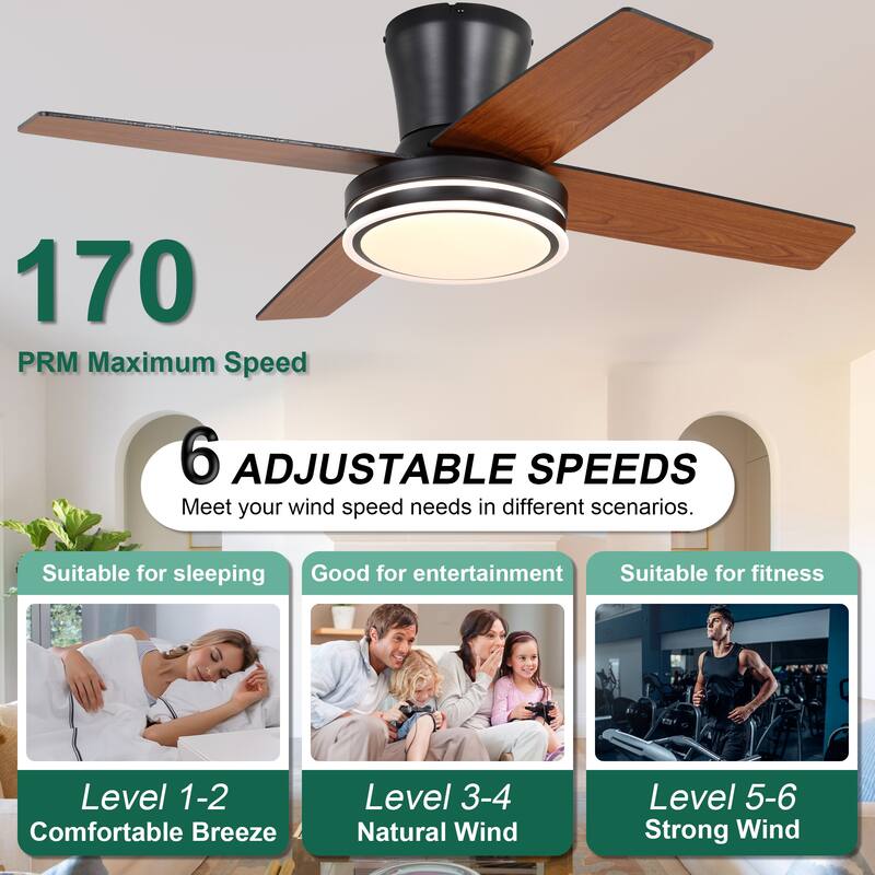 Cusp Barn 44" Low Profile Flush Mount Ceiling Fans with Lights and Remote, Modern 6 Speeds Quiet Reversible DC Motor Ceiling Fan