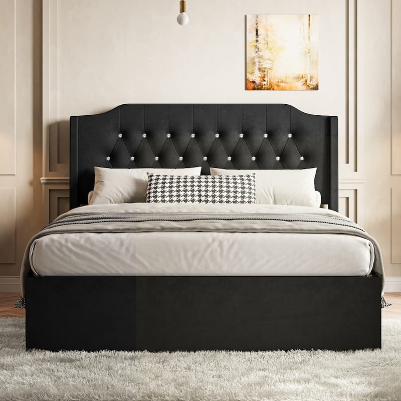 Tufted Upholstered Bed Frame with Crystal Button Accents - Black - Queen
