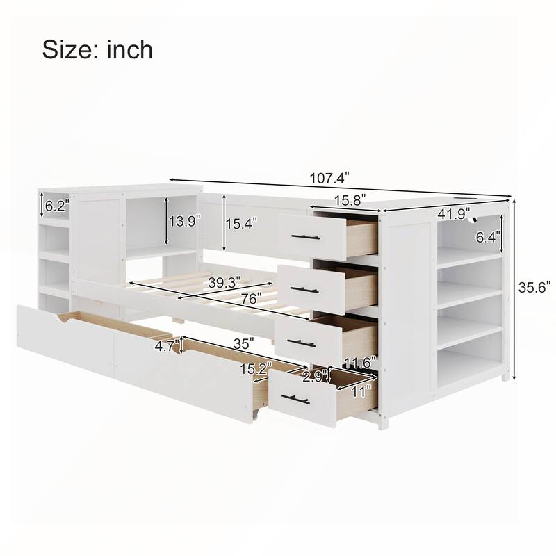 White Wooden Twin Size Daybed with Multi-Functional Desk and Charging Station