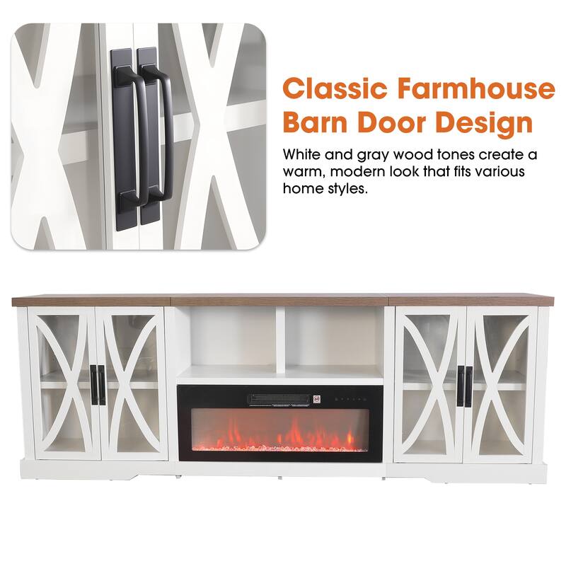 93" Farmhouse White Barn Door Storage Cabinets Fireplace TV Stand with 36" Electric Fireplace for TVs Up to 100"