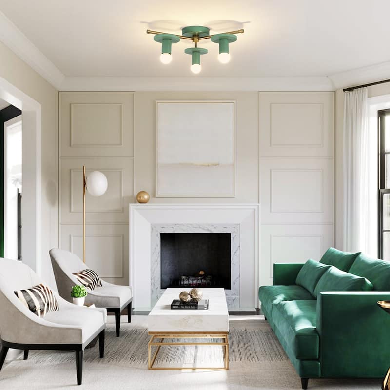 17.5" W 3-Light Modern Green/Black Sputnik Metal Wooden Semi-flush Mount Ceiling Light for Living Room, Bedroom