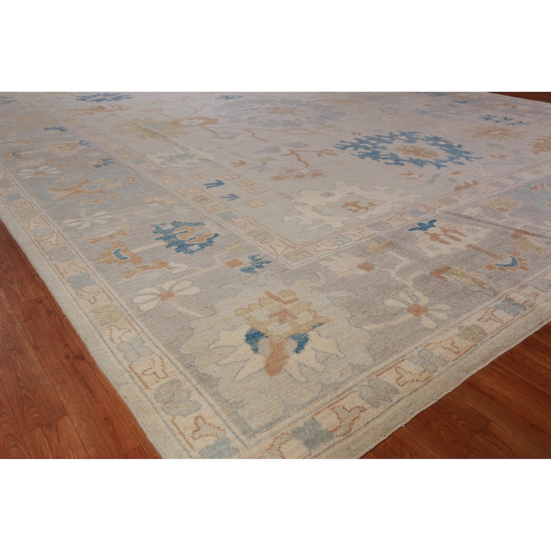 Vegetable Dye Oushak Turkish Rug Hand-Knotted Beige Wool Carpet - 12'6" x 14'9" - 12'6" x 14'9" - Ivory/Beige