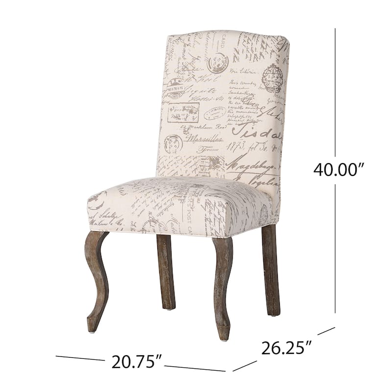Lynna Dining Chair Set of 2, Beige Script Pattern Design, Carved Legs