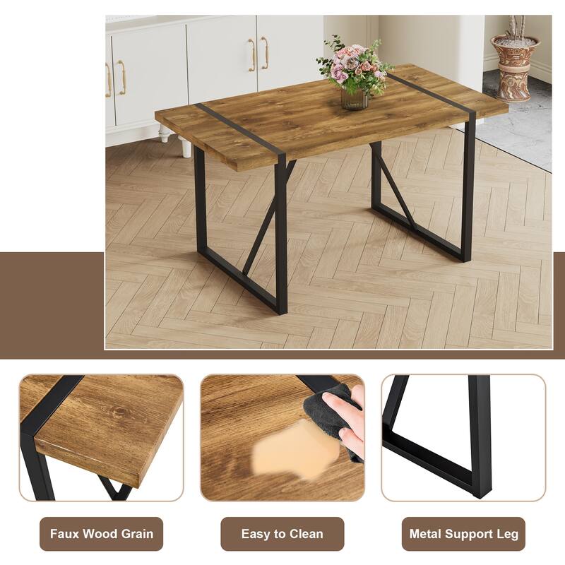Wood Dining Table Set for 6, 7 Piece Rectangular Dining Table Set with 6 White Faux Leather Dining Chairs for Kitchen