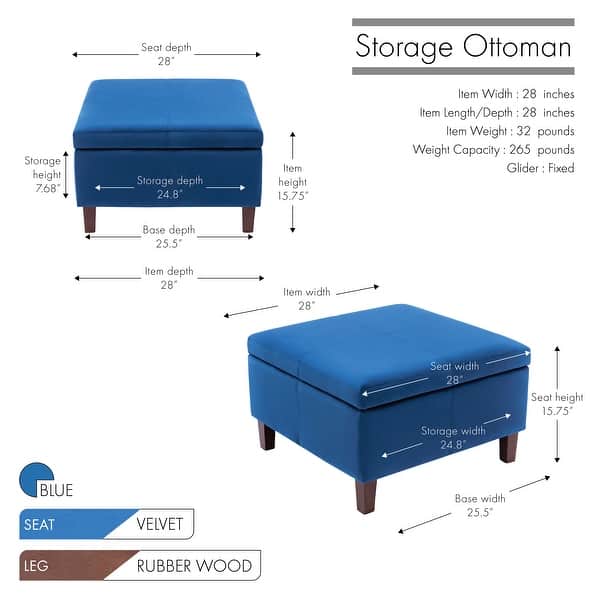 dimension image slide 1 of 2, Porthos Home Janis Velvet Square Storage Ottoman with Rubberwood Legs