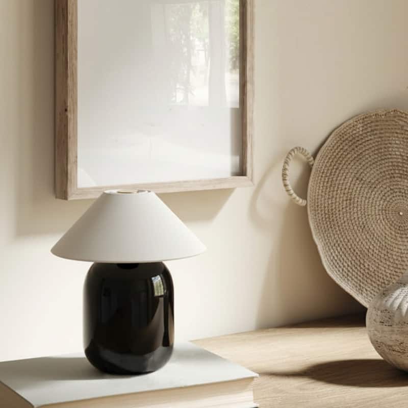 Ren LED 7.87 in Glossy Black Midcentury Modern Urn Dimmable Cordless Portable Rechargeable Bedside Nightstand Desk Lamp