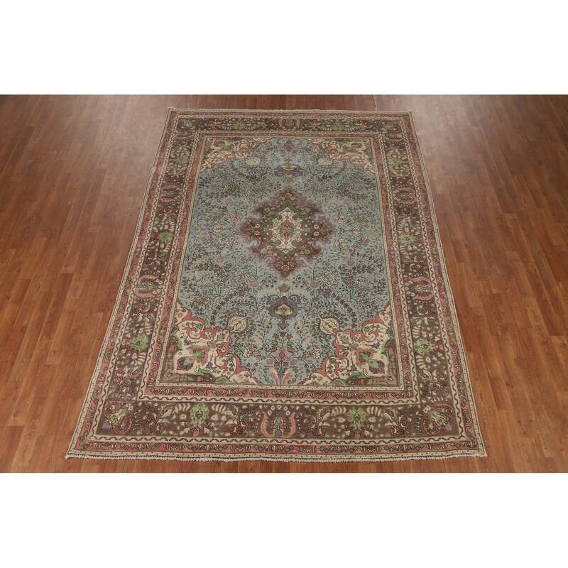 Blue Traditional Tabriz Persian Rug Hand-Knotted Floral Wool Carpet - 6'8"x 9'7"