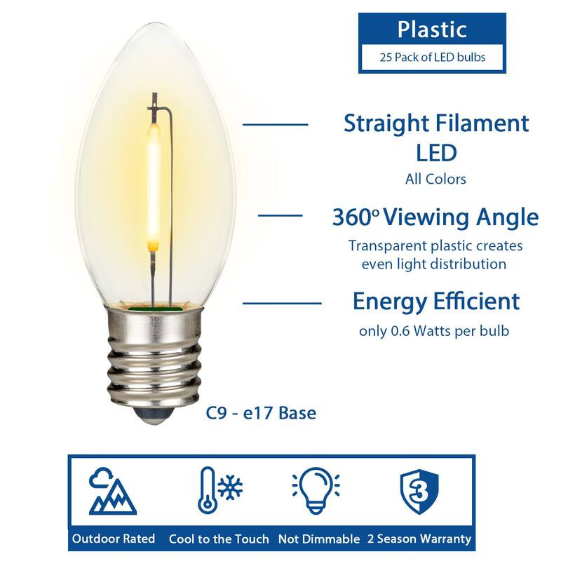 25 Pack C9 LED Outdoor Christmas Replacement Bulbs, Warm White, C9/E17 Base