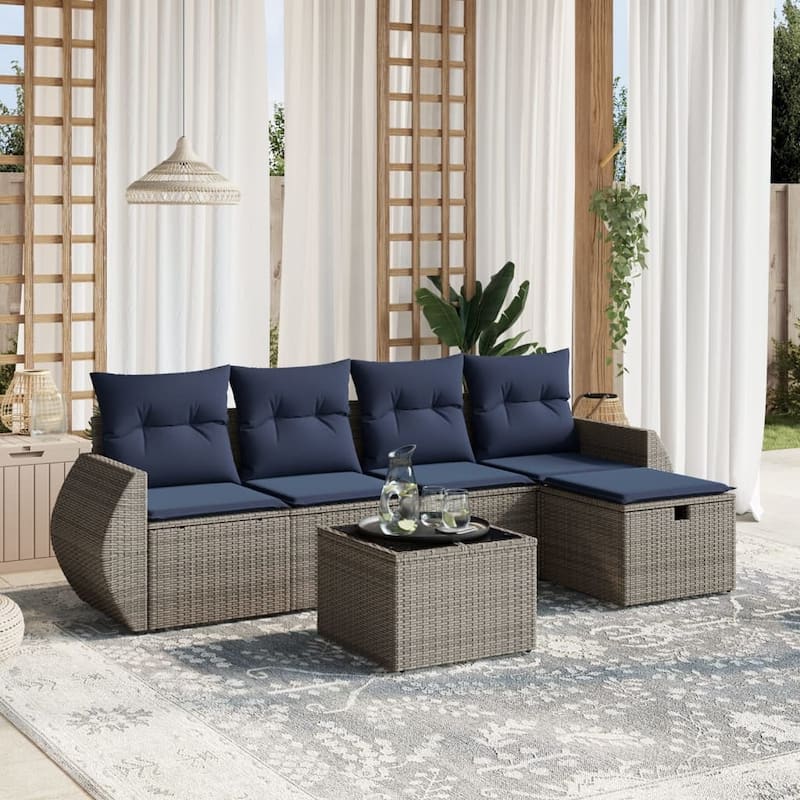 vidaXL Patio Sofa Set with Cushions Outdoor Conversation Furniture Poly Rattan - 21.7" x 24.4" x 27.2" - Gray with table