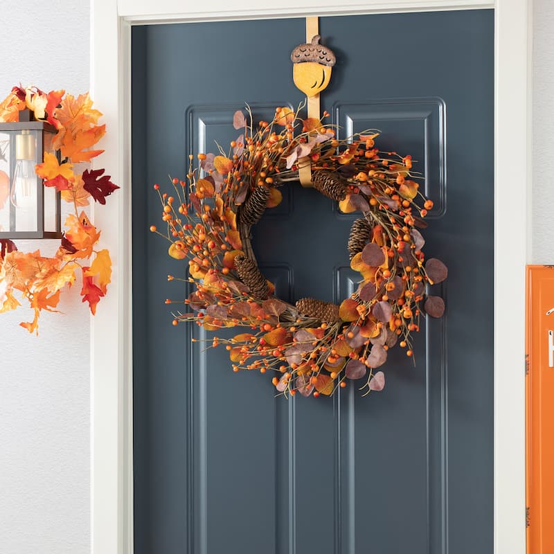 Glitzhome 22"D Fall Eucalyptus Berry Wreath with Hanger Thanksgiving Decor