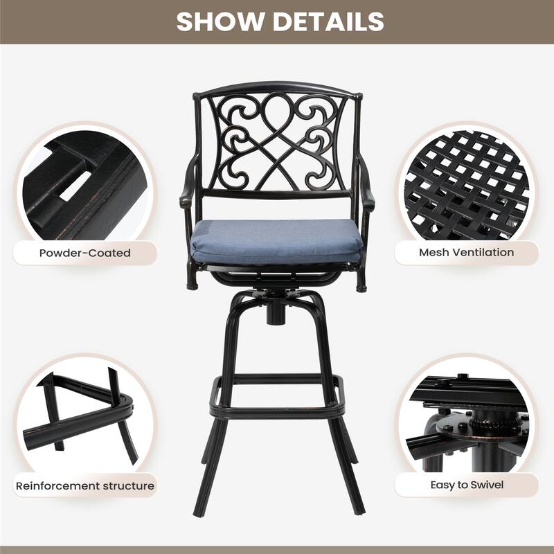 Outdoor Patio Aluminum Swivel Bar Stool with Sunbrella Cushion