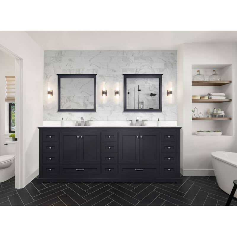 Dukes 84 in. W x 22 in. D Espresso Double Bath Vanity, White Quartz Top, Faucet Set, and 34 in. Mirrors