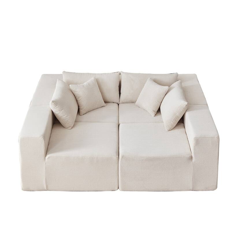 Corduroy Convertible Sectional Cloud Sofa, Foam-Filled Compressed Boneless Sofa, Modular L Shaped Floor 4 Seat Sofa - Beige