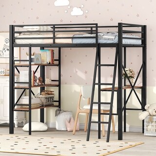 Twin Size Metal Loft Kids Bed with Ladder,Guardrails,with Built-in Shelves and Desk,Sturdy Metal Frame