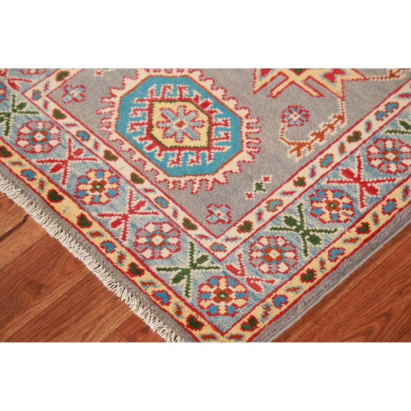 Gray Blue Geometric Kazak Oriental Foyer Rug Hand-Knotted Wool Carpet - 2'0"x 3'0"