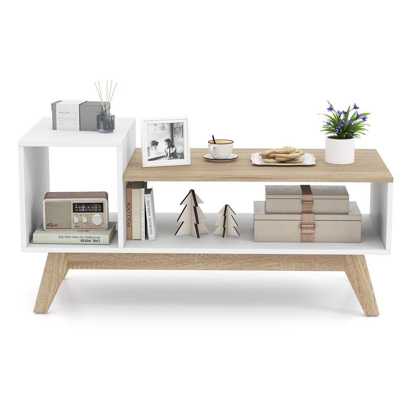 Gymax Coffee Table 43'' Center Table w/ Stepped Tabletop & Storage