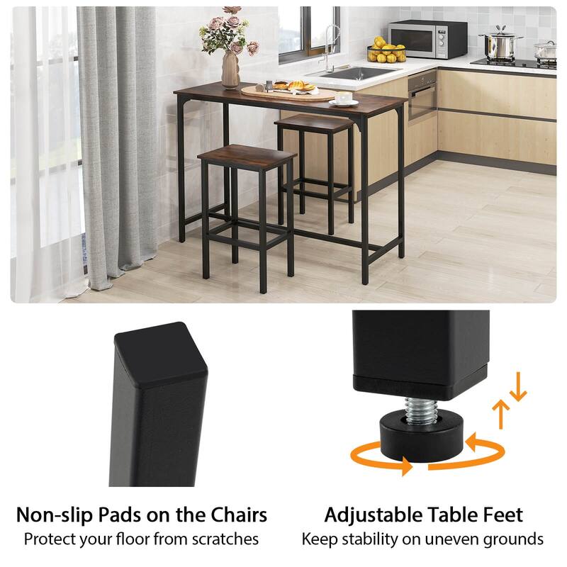 Costway 3 PCS Counter Height Table Set with Footrests Rectangular Pub