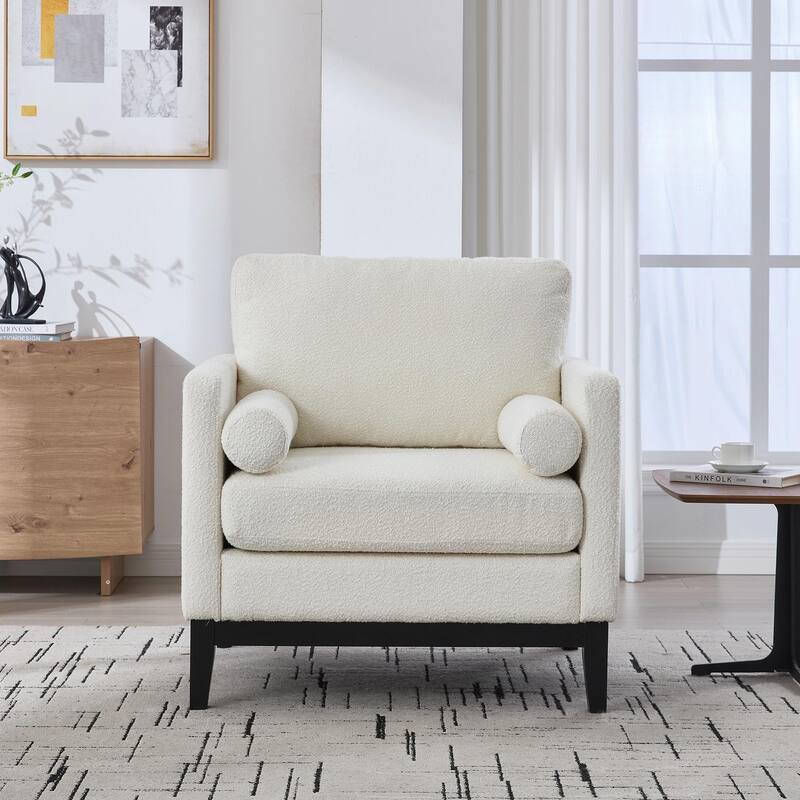 Boucle Armchair with Storage Ottoman - 300lb Capacity, Farmhouse Style - White + Black - Without Ottoman