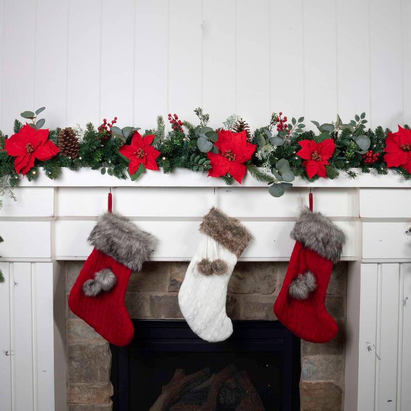 9 ft. Artificial Christmas Garland with Lights - Christmas Poinsettia - 9 Foot