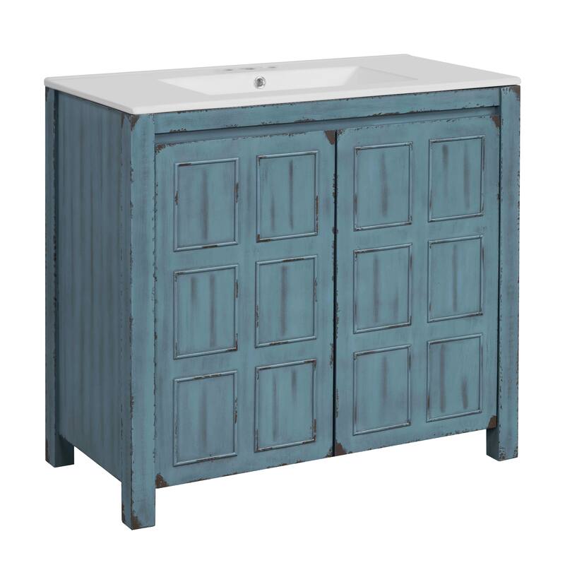 36 " Bathroom Vanity Organizer with Ceramic Sink, Set Bathroom Storage Cabinet, Retro Blue