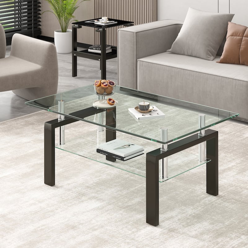 Tempered Clear Glass Coffee Table, 2-Layers Coffee Table Living Room Center Table - Transparent