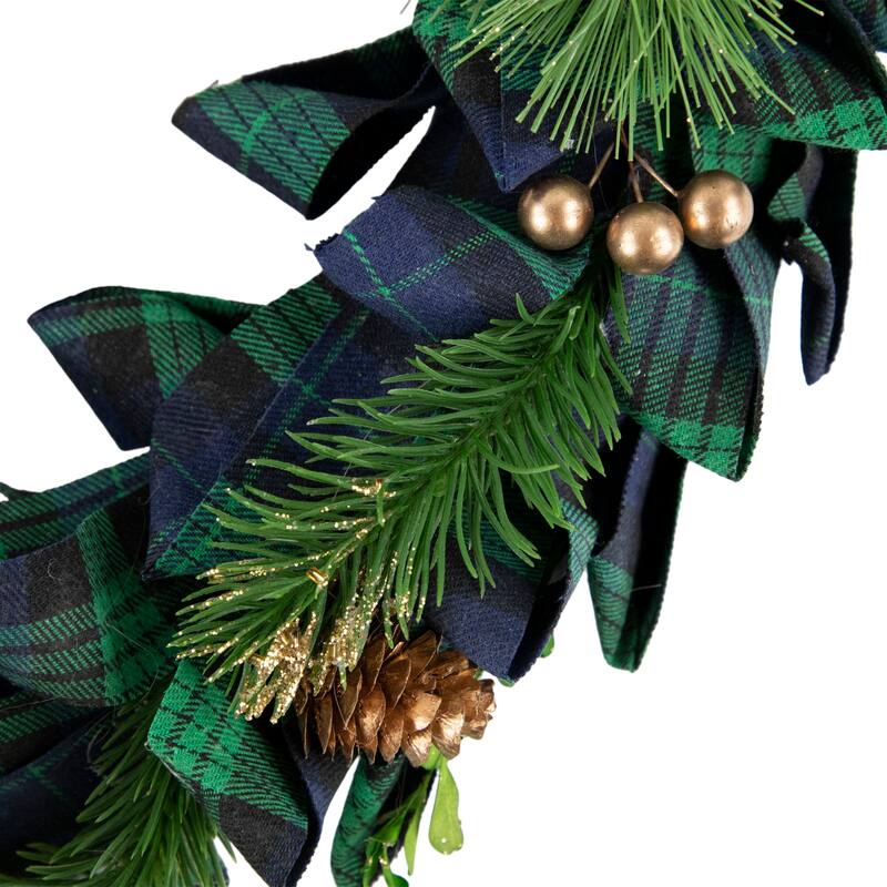 Blue Green Plaid Bow Artificial Pine Christmas Wreath, 17.75", Unlit