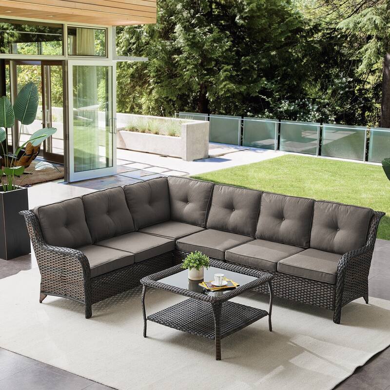 Gymojoy 6-seats L-Shaped Outdoor Corner Sectional Sofa Couch Conversation Set - 2-Piece - Sectional Sofa & Coffee Table - Brown Wicker / Grey Cusion