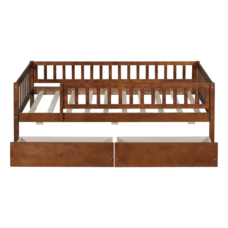 Twin Size Wooden Daybed with 2 Drawers, Multi-Functional Sofa Bed in Walnut Finish