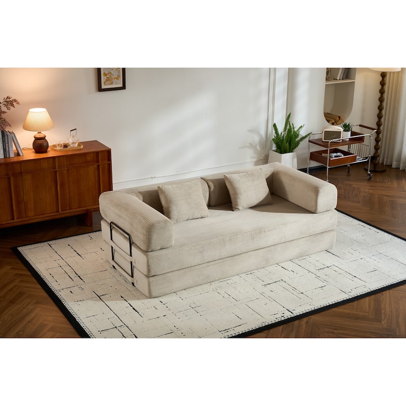 Convertible Sleeper Sofa Bed with Pillow, Corduroy Folding Mattress Couch with Fixed-Shape Frame, Floor Lounge Loveseat Sofa